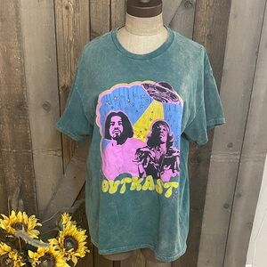 Outkast Graphic Band Tee Large Green Acid Wash 100% Cotton Vintage Style